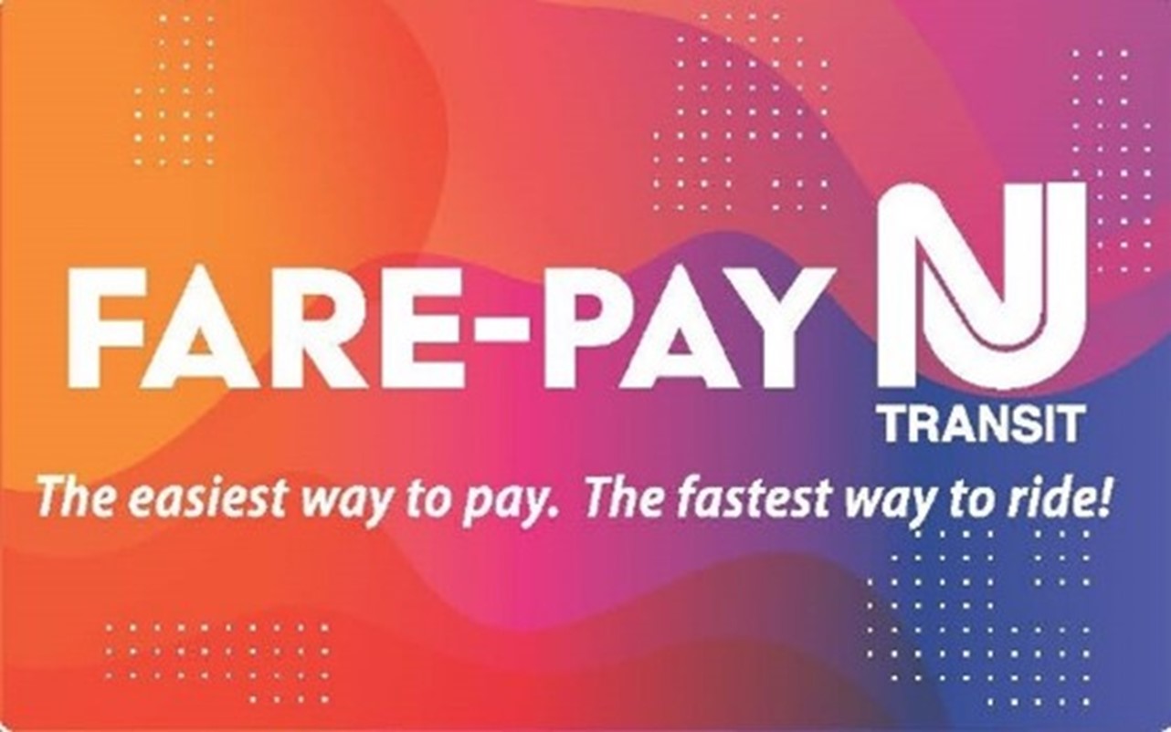 Fare-Pay card. The card has an abstract orange, pink and navy blue pattern on it and the text The easiest way to pay. The fastest way to ride! written on it under the name of the card.